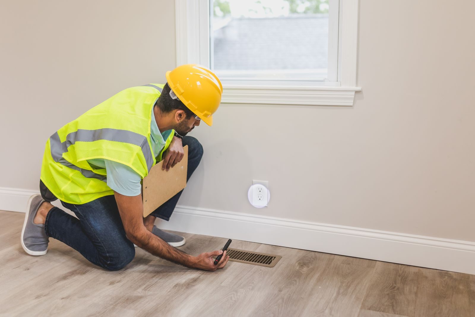 A construction worker in a hard hat inspects a floor vent indoors, ensuring quality and safety standards