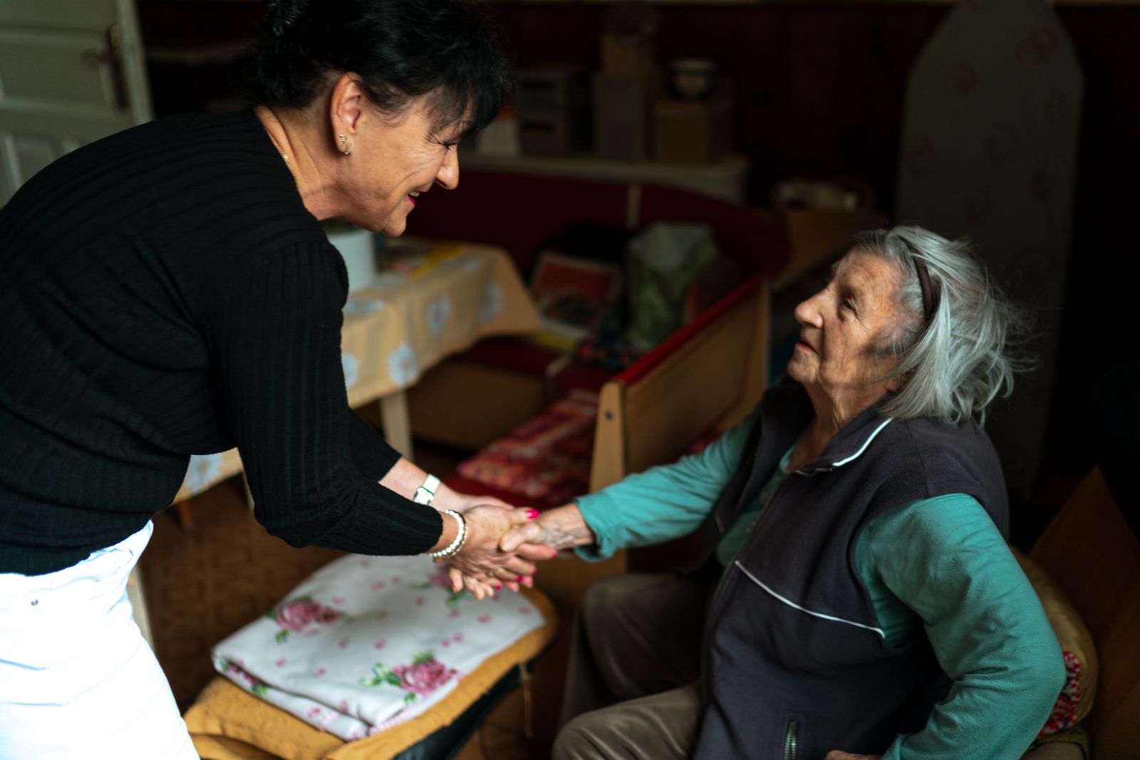 Elderly caregiver shaking hands with senior woman