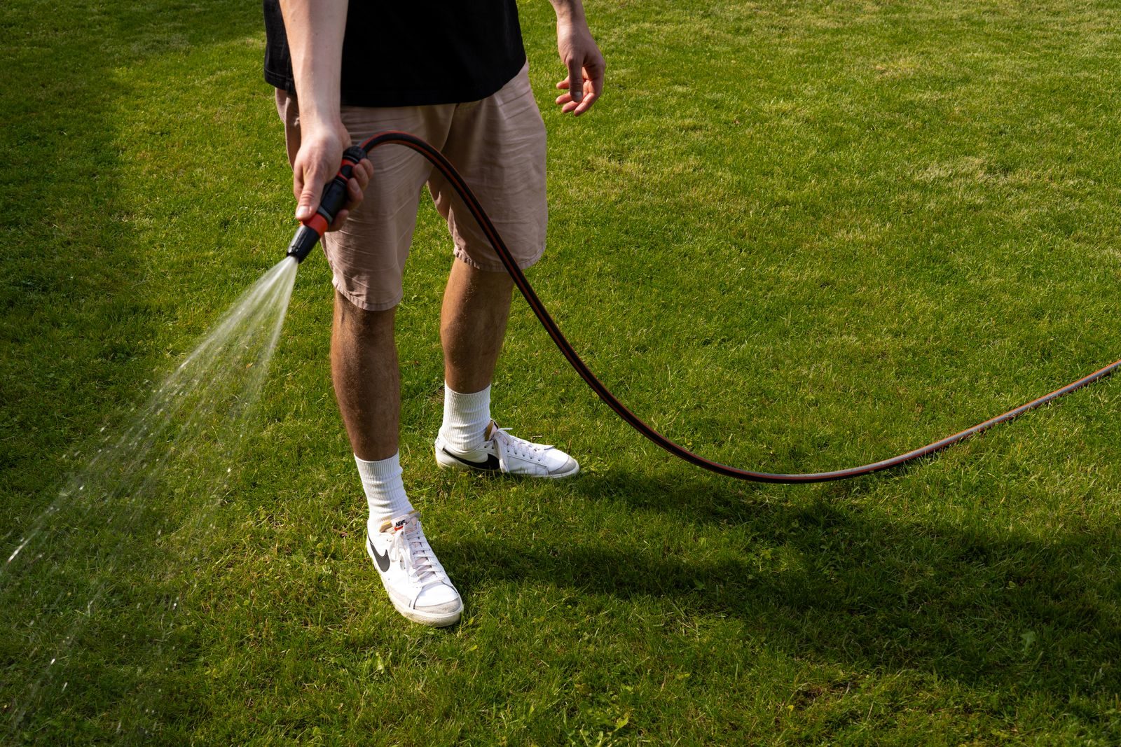 A man watering a green lawn with a garden hose